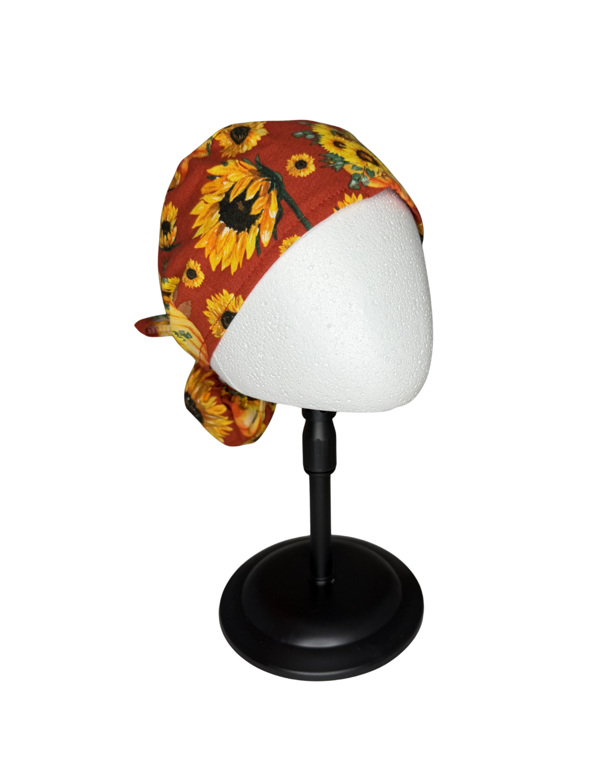 Fall Sunflowers With Pumpkins Handmade Pony Tail Style Cap With Ribbon Tie