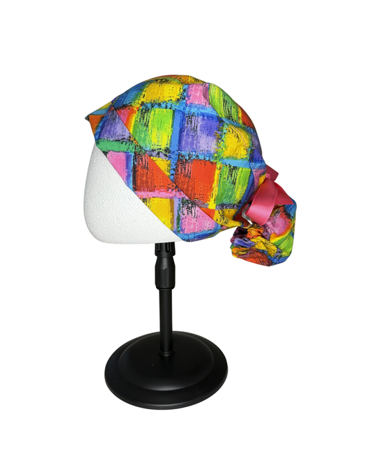 Bright Multicolor Squares Pink Ribbon Handmade Pony Tail Style Cap With Ribbon Tie