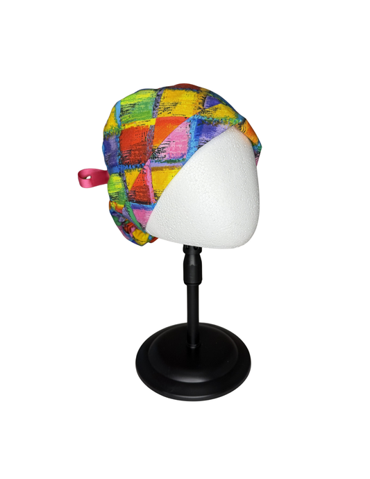 Bright Multicolor Squares Pink Ribbon Handmade Pony Tail Style Cap With Ribbon Tie