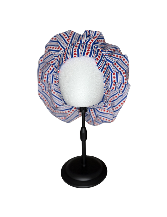 Blue Patriotic Stars Pattern Handmade Bouffant Style Cap Bonnet