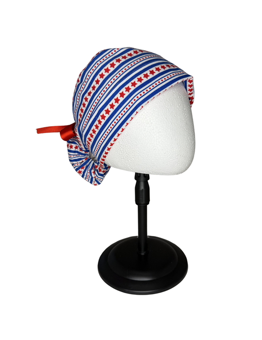 Blue Patriotic Stars Pattern Handmade Pony Tail Style Cap With Ribbon Tie