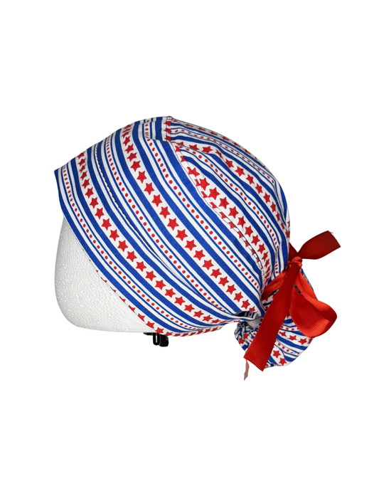 Blue Patriotic Stars Pattern Handmade Pony Tail Style Cap With Ribbon Tie