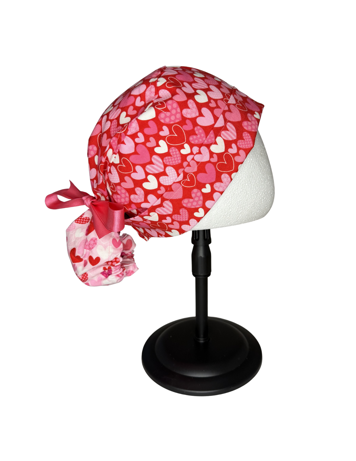 Pink White Red Hearts Handmade Pony Tail Style Cap With Ribbon Tie