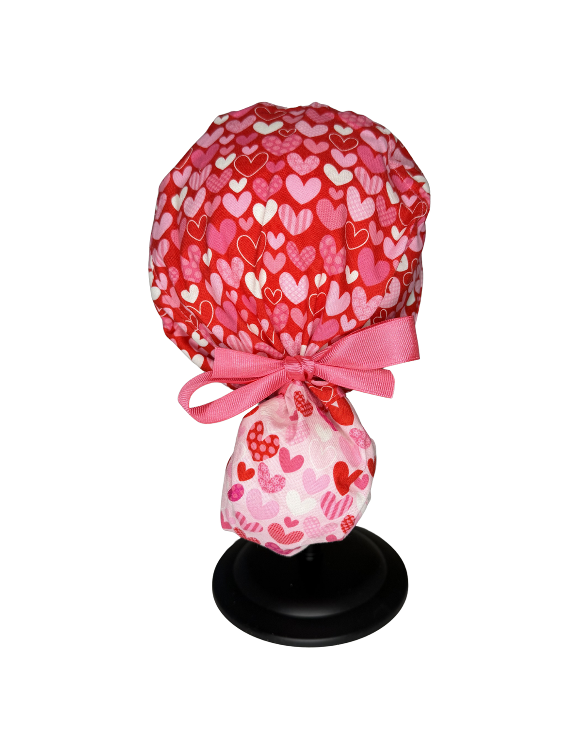 Pink White Red Hearts Handmade Pony Tail Style Cap With Ribbon Tie