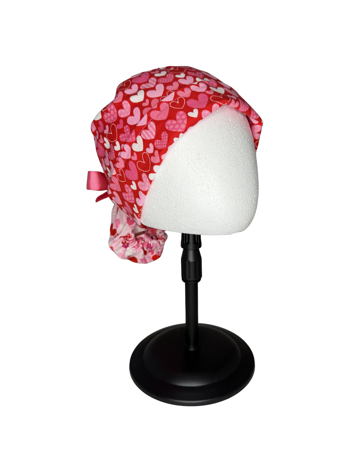 Pink White Red Hearts Handmade Pony Tail Style Cap With Ribbon Tie