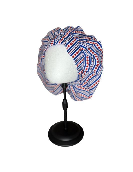 Blue Patriotic Stars Pattern Handmade Bouffant Style Cap Bonnet