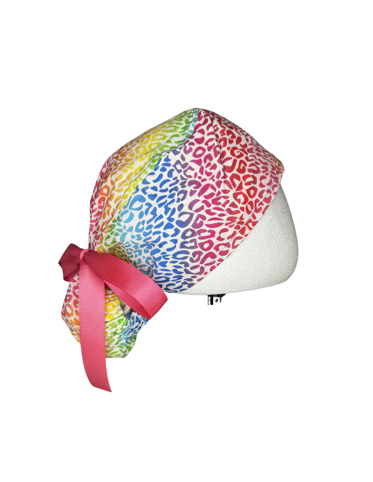 Rainbow Leopard Handmade Pony Tail Style Cap With Ribbon Tie